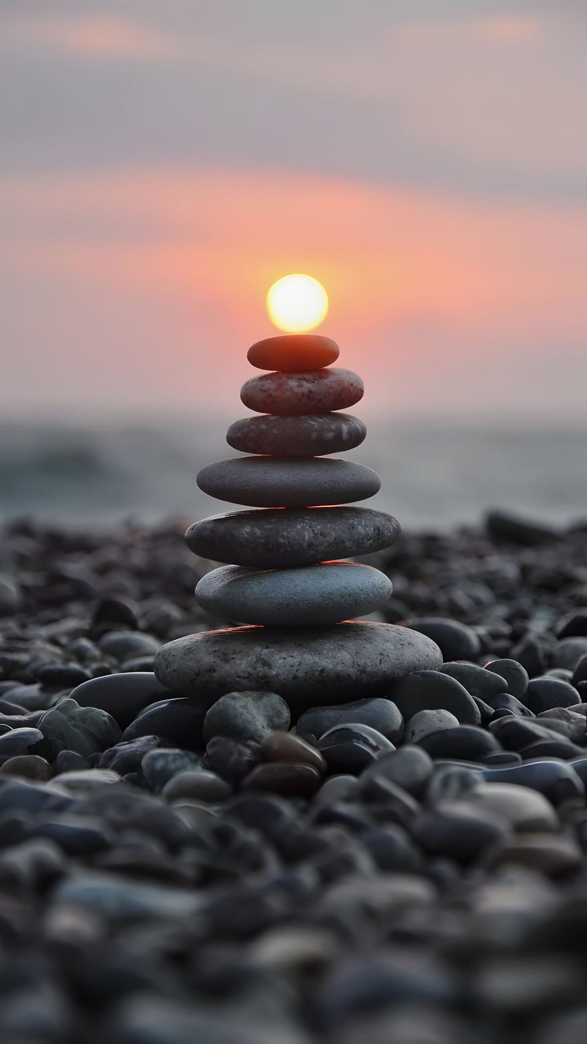 A cairn of balanced stones on a pebble beach, the setting sun resting on its peak