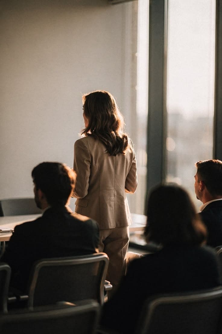 A woman leader standing to address colleagues seated around a boardroom table