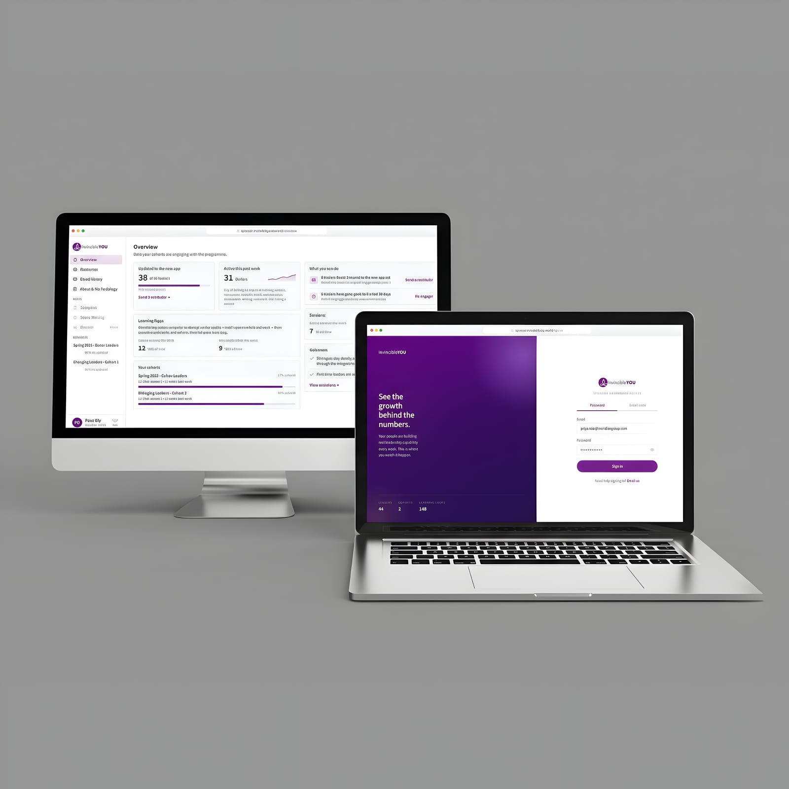 The Invincible YOU platform on a desktop and laptop — a cohort-engagement dashboard beside a “See the growth behind the numbers” sign-in screen